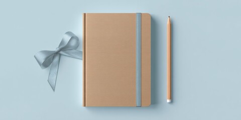 Elegant flat lay of a notebook with pencil on blue background for stationery design