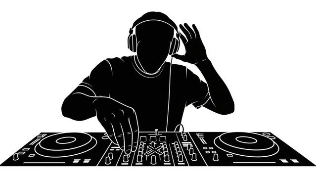 Black DJ Silhouette Vector Showing Handle Dials Cross-Fade Hand Up and Headphone Check Poses