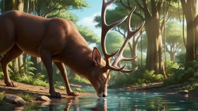 A charming animated monkey swings playfully from a sturdy, moss-covered tree branch amidst a vibrant, sun-dappled jungle. Detailed CGI highlights the rich green tropical foliage, intricate vines, and 