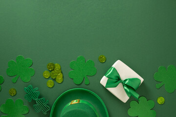 St Patricks day festive flat lay with green shamrocks, coins, gift box and leprechaun hat on green background. Holiday composition with copy space. View from above.