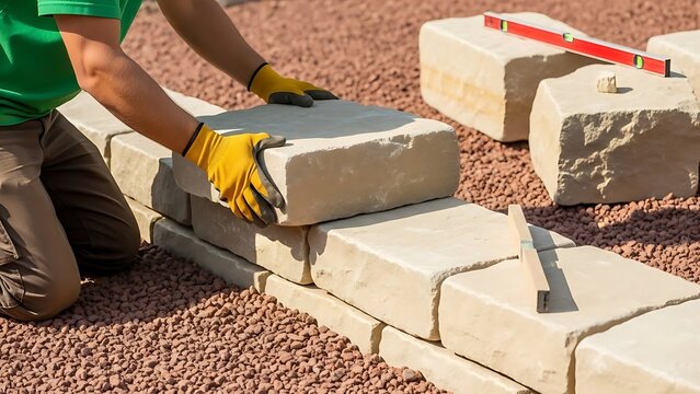 Construction worker wearing yellow protective gloves carefully places large beige retaining wall blocks to establish a solid foundation for landscaping or garden edging project under bright sunlight