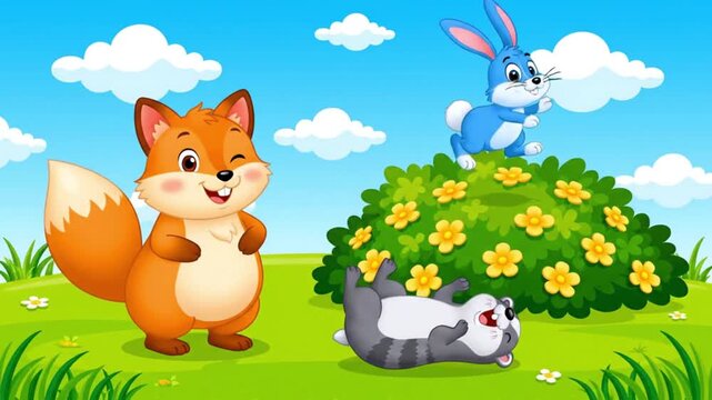 A charming animated scene features a friendly orange fox with a joyful, closed-eyed smile, a playful gray badger-like creature rolling happily on its back in the vibrant green grass, and an alert blue