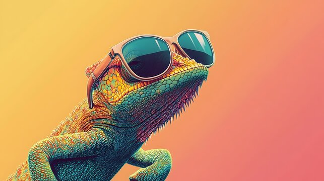 Lizard with sunglasses and textured scales against a yellow and pink gradient photo background