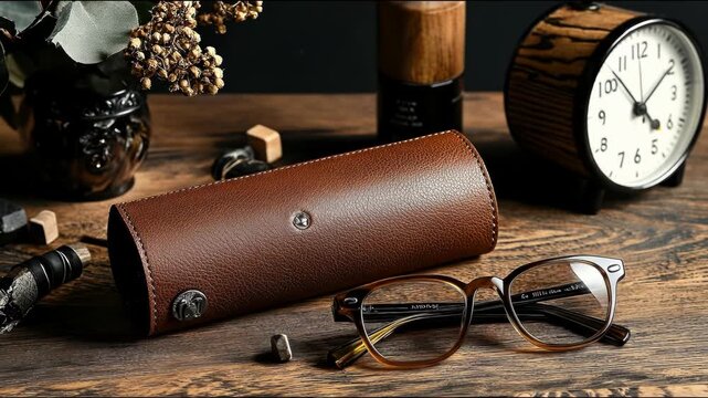 A still life of eyeglasses next to a leather glasses case on a wooden table, with a clock, and decorative elements