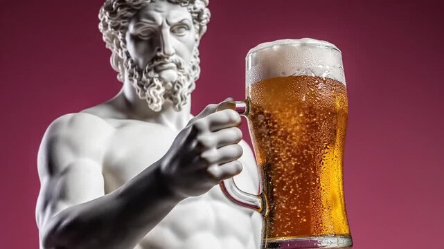White sculpture of Greek god Zeus holding a glass of beer on pink background blending classical mythology with playful modern pop art humor and contemporary surreal concept