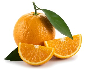 Fresh oranges presented with a whole fruit and two sliced segments