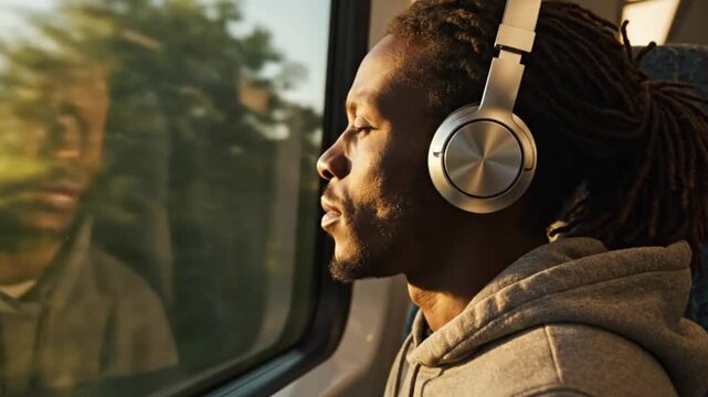 A close-up, contemplative profile of a young adult individual with dreadlocks, deeply absorbed in their personal audio experience while traveling. The person wears sleek, metallic headphones and gazes