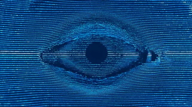 Digital eye scanning with blue light waves in futuristic tech