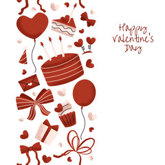 Valentine's Day seamless border. Greeting poster. Romantic holiday. February 14. Love. Balloon, cake, bow, envelope, heart, gift. Cartoon vector illustration.