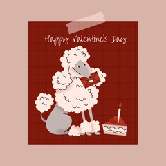 Poodle. Valentine's Day. Greeting poster. February 14 Love. Red envelope, sweet cake and hearts. Dog breed. Cute, funny pet. Domestic animal. Purebred dog. Cartoon vector illustration.