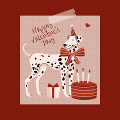 Dalmatian. Valentine's Day. Greeting poster. February 14 Love. Gift box, sweet cake and hearts. Dog breed. Cute, funny pet. Domestic animal. Purebred dog. Cartoon vector illustration.