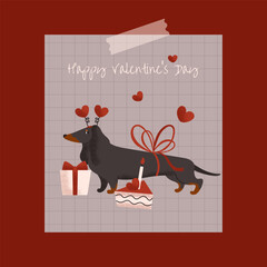 Dachshund. Valentine's Day. Greeting poster. February 14 Love. Gift box, ribbon, sweet cake and hearts. Dog breed. Cute, funny pet. Domestic animal. Purebred dog. Cartoon vector illustration.
