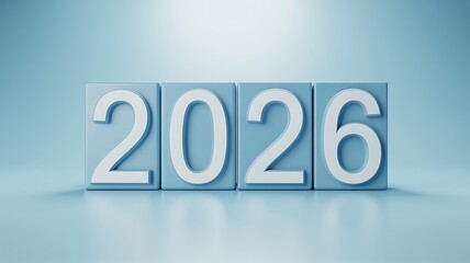 A futuristic representation of the year 2026 in large white numbers on blue blocks