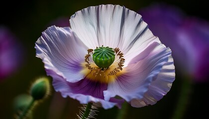 A Vivid Macro Shot Of A White Poppy Bloom Featuring A Bright Green Center And Purple Accents At The Base Of The Petals Crisp Texture Delicate Petals And Natural Color Contrast