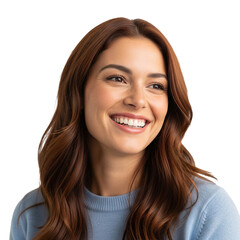 Young woman wearing blue sweater smiling warmly and looking to her right.