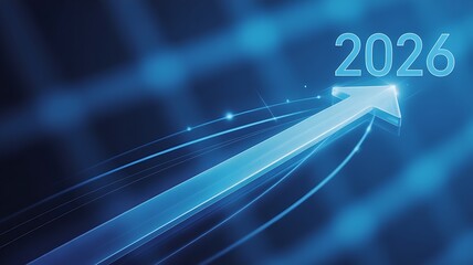 A glowing blue arrow points upwards towards the year 2026 in a futuristic digital graphic