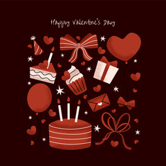 Valentine's Day collection. Greeting poster. Romantic holiday. February 14. Love. Balloon, cake, bow, envelope, heart, gift. Cartoon vector illustration.