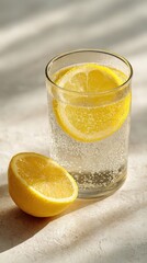Glass of fresh lemon water with whole and sliced lemons on cool blue background, healthy hydration drink, detox concept, vitamin refreshment, clean minimal still life for wellness and lifestyle themes