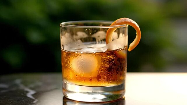 A close-up shot captures a hand delicately placing a spiral orange peel garnish onto a frosty, amber-colored drink in a rocks glass, filled with large ice cubes. Condensation beads shimmer on the glas