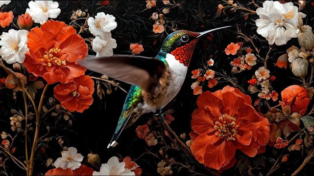 A vibrant hummingbird flits through an artistic floral arrangement of red and white blooms against a dark backdrop