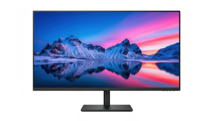 Computer monitor displaying colorful landscape on screen isolated on transparent background