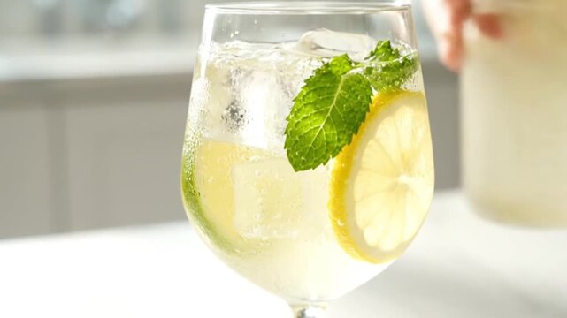 A close-up shot captures a sparkling, light-colored beverage being expertly poured into a clear glass. The refreshing drink is filled with shimmering ice cubes, a vibrant green mint sprig, and a brigh