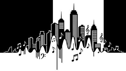 Naklejka premium Urban City Skyline Silhouette with Musical Notes Flowing, contrasting background