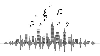 Sound Wave City Skyline with Musical Notes, Representing Urban Music or Audio, on a Bright Background