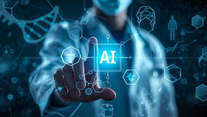 AI Healthcare Technology Doctor Touching Futuristic Interface
