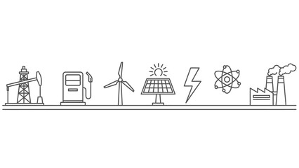 Fototapeta premium Line Art Icons of Energy Sources and Industrial Infrastructure, including Oil Derrick, Wind Turbine, and Solar Panel on Isolated White Background.