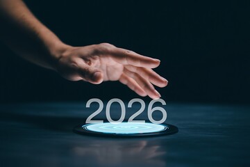 A hand hovering over a glowing blue circle with the year 2026 in large gray numbers