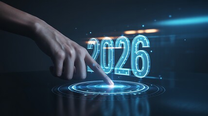 A hand interacting with a futuristic interface displaying the year 2026 in glowing blue numbers