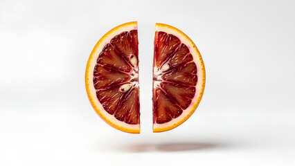 Split blood orange slice cut in two halves on white background. Broken citrus fruit cross section showing red flesh texture. Fresh organic food ingredient for healthy vitamin c diet or juice