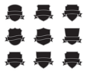 Shield badge logo set with ribbon banner, vintage heraldic crest templates for branding, security, award, identity design
