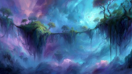 Fototapeta premium Enchanting floating islands suspended by delicate vines amidst a dreamy, colorful sky