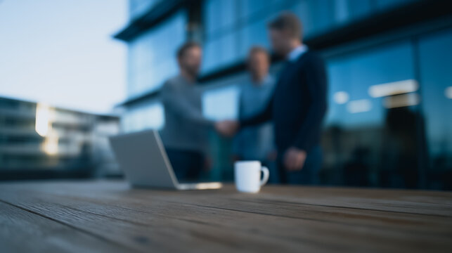 Two business colleagues shake hands in a moment of agreement, a laptop and a mug sit on the table,  a scene of collaboration and deal making.  - Powered by Adobe