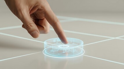 A hand interacting with a glowing blue circuit board on a futuristic interface surface