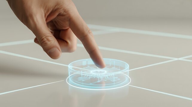 A hand interacting with a glowing blue circuit board on a futuristic interface surface - Powered by Adobe