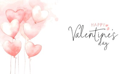 Watercolor heart balloons in soft pink and cream float on white. Elegant Valentines Day greeting card with cursive typography and romantic mood. Minimal festive illustration for love.