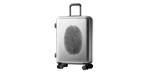 Silver suitcase with fingerprint design isolated on white background