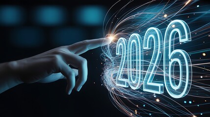 A hand pointing to glowing 2026 text with sparkling lines and dots on dark background