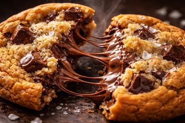 Warm gooey chocolate chip cookie broken in half with melted chocolate