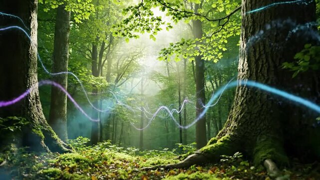 Visually captivating transition from realistic forest textures to stylized, geometric light patterns and particle effects. An evolving landscape where natural beauty meets abstract, futuristic?