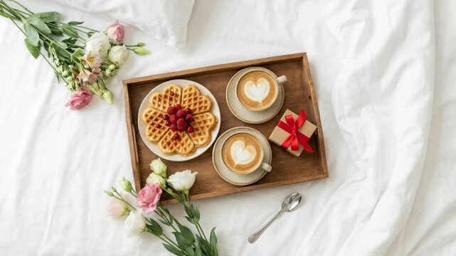 Delicious heart shaped waffles with fresh raspberries, two cups of cappuccino with latte art, and a gift box on a wooden tray create a romantic surprise breakfast for a couple in bed