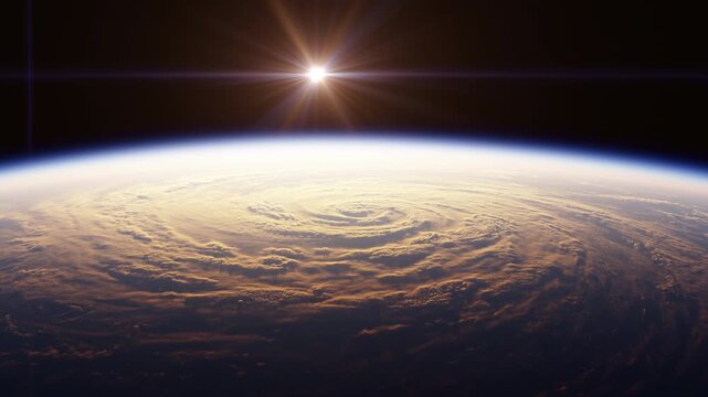 The movement of the Sun over a large hurricane passing on Earth. 3d animation.