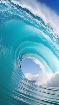 Inside a massive turquoise ocean wave barrel with blue sky and clouds visible
