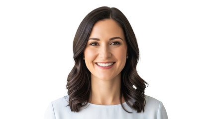 A smiling woman with short brown hair and a light blue top sitting in front of a transparent background. The image is on a transparent
