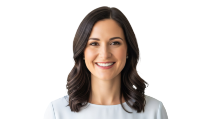 A smiling woman with short brown hair and a light blue top sitting in front of a transparent background. The image is on a transparent