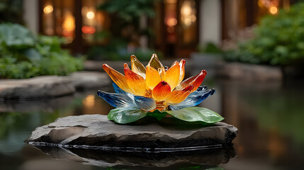 Colorful Glass Lotus Flower on Water Surface