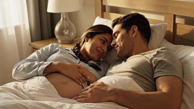 A loving pregnant couple relaxing in bed together in the morning. The man kisses his wife while they both caress her pregnant belly. The concept of family and new life